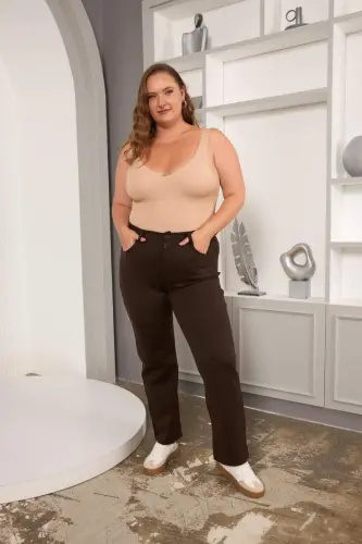 Büyük Beden Boru Paça Çelik Örme Pantolon Kahve - 4