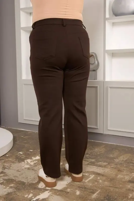 Büyük Beden Boru Paça Çelik Örme Pantolon Kahve - 5