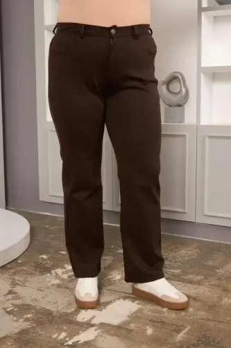 Büyük Beden Boru Paça Çelik Örme Pantolon Kahve - 6