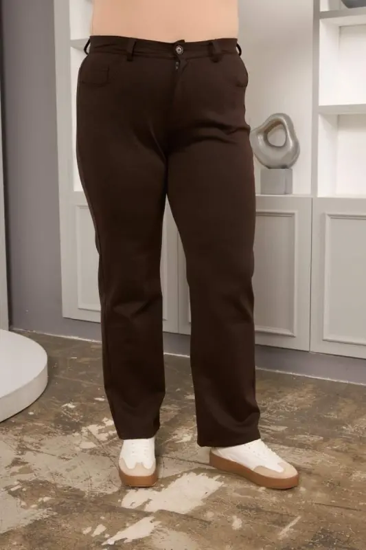 Büyük Beden Boru Paça Çelik Örme Pantolon Kahve - 6