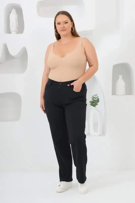 Büyük Beden Boru Paça Çelik Örme Pantolon Lacivert - 5
