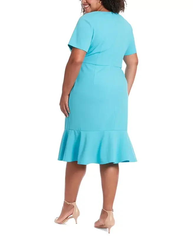 Plus Size Twist-Front Flounce-Hem Dress - Blue Atoll - LONDON TIMES
