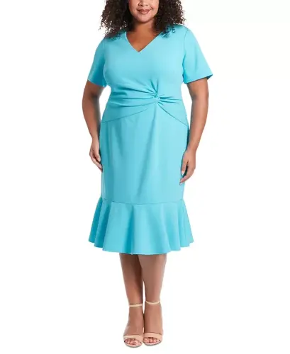 Plus Size Twist-Front Flounce-Hem Dress - Blue Atoll - LONDON TIMES (1)