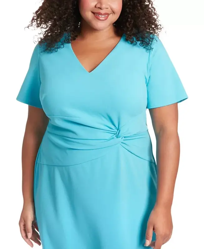 Plus Size Twist-Front Flounce-Hem Dress - Blue Atoll - 4