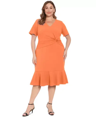 Plus Size Twist-Front Flounce-Hem Dress - Persimmon 