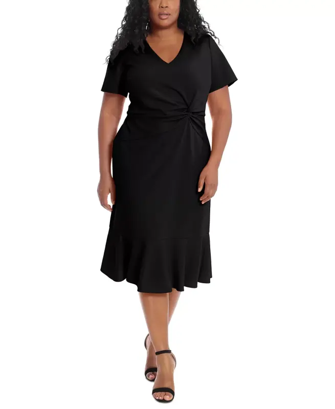 Plus Size Twist-Front Flounce-Hem Dress - Black - 3