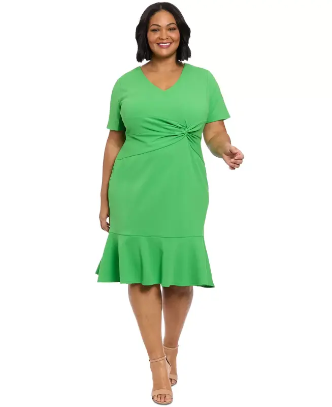 Plus Size Twist-Front Flounce-Hem Dress - Kelly Green - 3