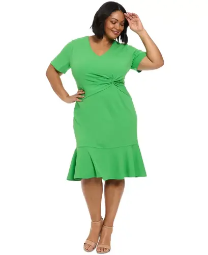 Plus Size Twist-Front Flounce-Hem Dress - Kelly Green 
