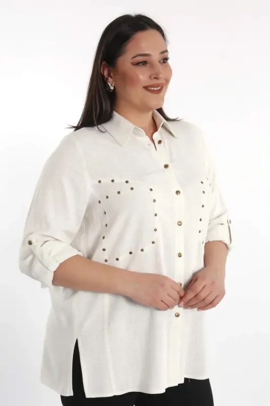 Büyük Beden Cebi Droplu Bej Gömlek - 2