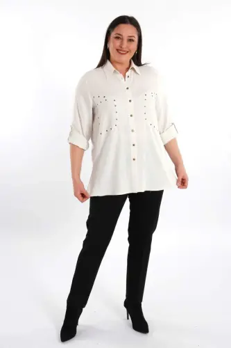 Büyük Beden Cebi Droplu Bej Gömlek - 3