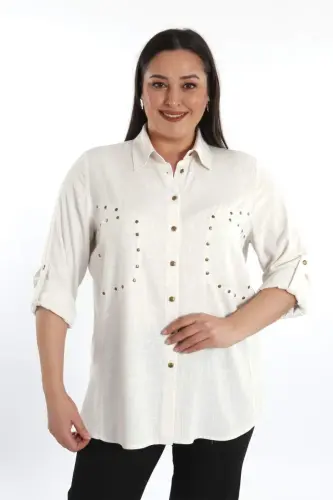 Büyük Beden Cebi Droplu Bej Gömlek - 4