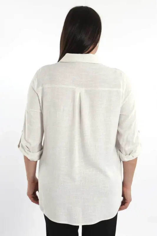 Büyük Beden Cebi Droplu Bej Gömlek - 5