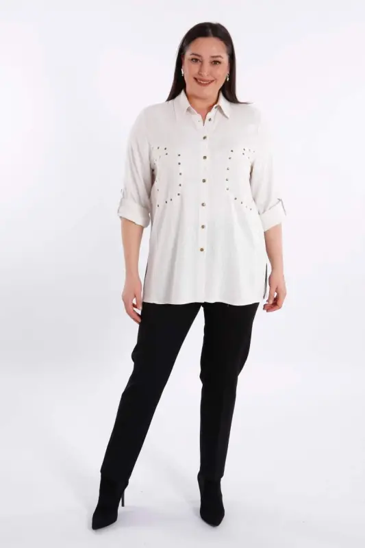 Büyük Beden Cebi Droplu Bej Gömlek - BÜYÜKBEDENIZ