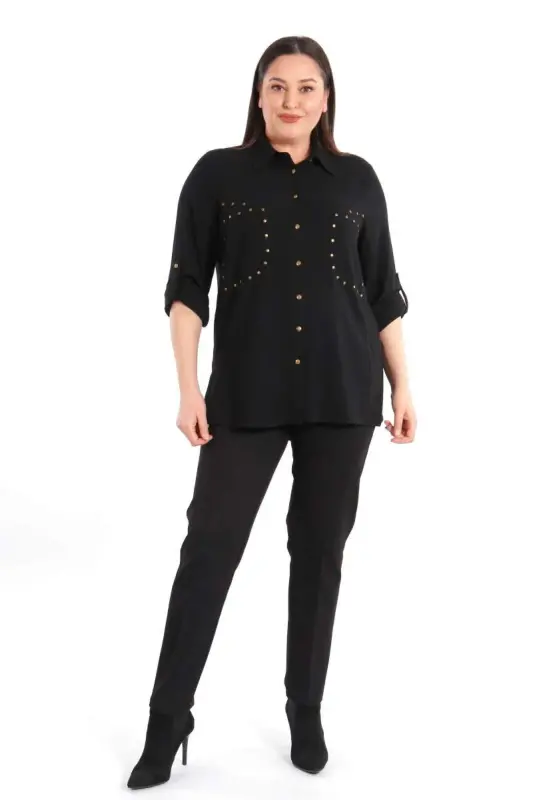 Büyük Beden Cebi Droplu Siyah Gömlek - 1