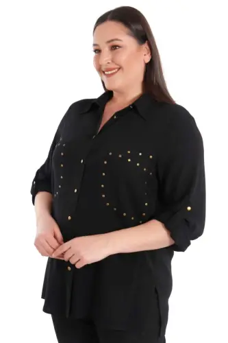 Büyük Beden Cebi Droplu Siyah Gömlek - BÜYÜKBEDENIZ (1)