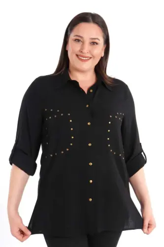 Büyük Beden Cebi Droplu Siyah Gömlek - 3