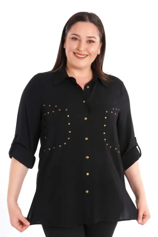 Büyük Beden Cebi Droplu Siyah Gömlek - 3
