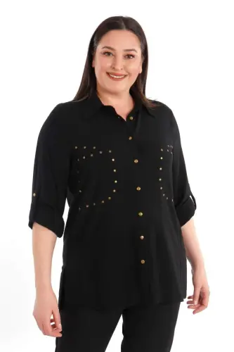 Büyük Beden Cebi Droplu Siyah Gömlek - 4