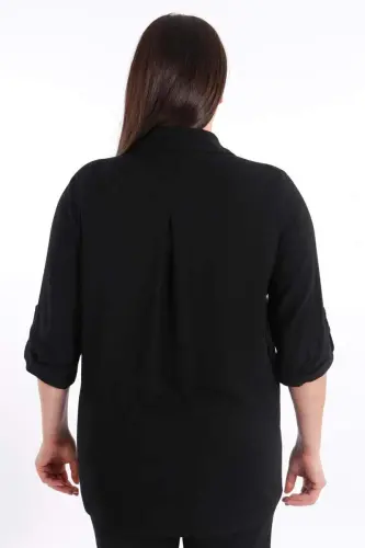 Büyük Beden Cebi Droplu Siyah Gömlek - 5