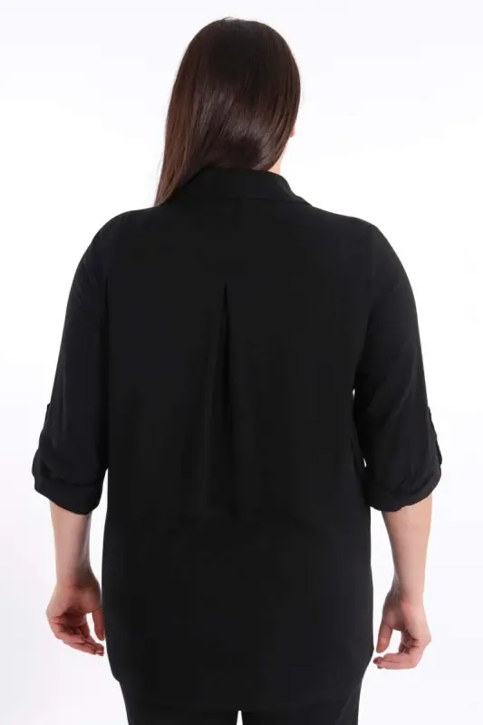 Büyük Beden Cebi Droplu Siyah Gömlek - 5