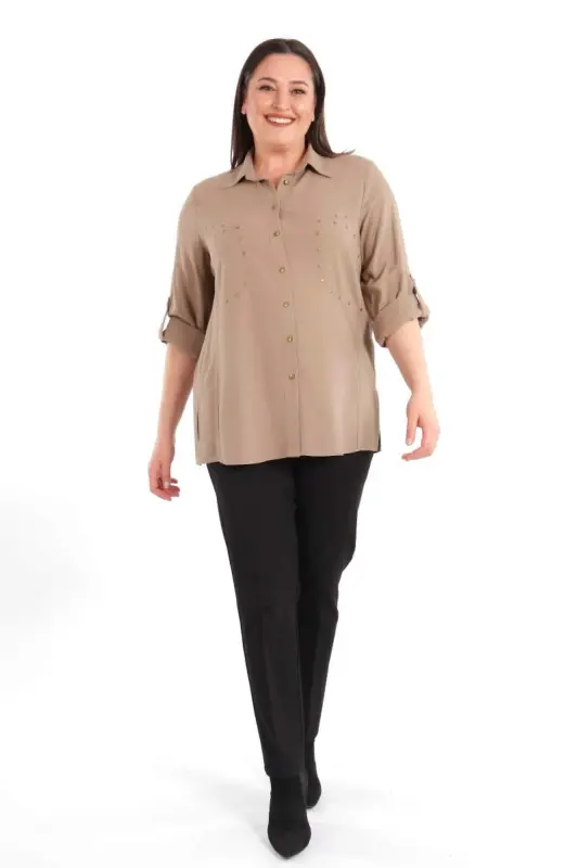 Büyük Beden Cebi Droplu Vizon Gömlek - 1