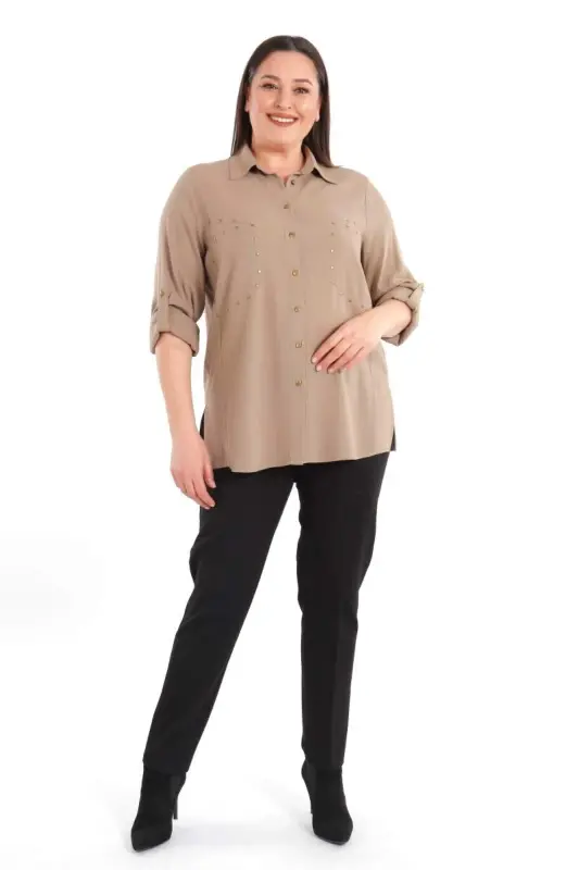 Büyük Beden Cebi Droplu Vizon Gömlek - 3