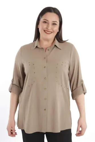 Büyük Beden Cebi Droplu Vizon Gömlek - 4
