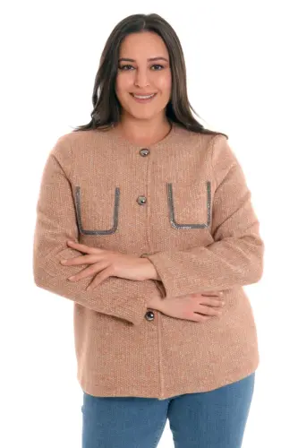 Angelino Büyük Beden Cebi Taş Baskılı Camel Ceket - 7