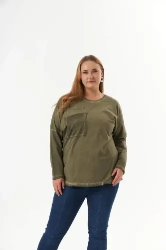 Büyük Beden Cep Detay Parça Boya Sweatshirt Haki - 1