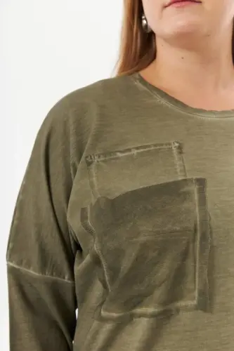 Büyük Beden Cep Detay Parça Boya Sweatshirt Haki - 6