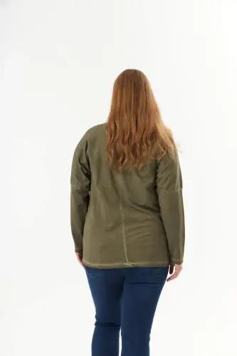 Büyük Beden Cep Detay Parça Boya Sweatshirt Haki - 7