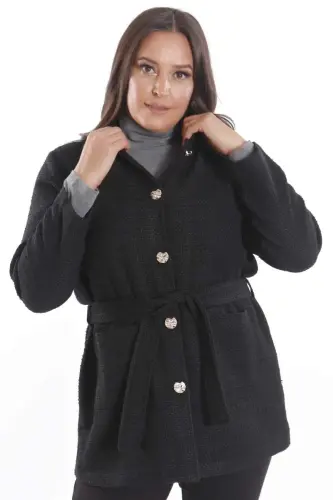 Büyük Beden Cep Detaylı Kuşaklı Düğme Kapamalı Siyah Ceket - 3