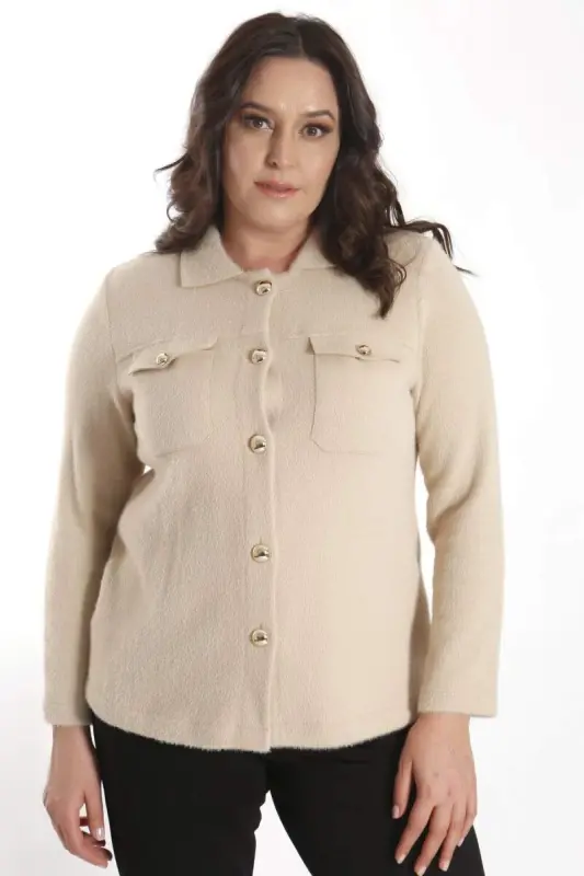 Büyük Beden Cep Detaylı Triko Bej Ceket - BÜYÜKBEDENIZ