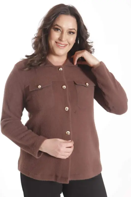 Büyük Beden Cep Detaylı Triko Kahverengi Ceket - 3