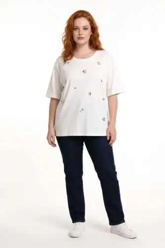 Büyük Beden Çiçek Aplikeli Taş ve İnci Detaylı Bisiklet Yaka T Shirt - Büyükbedeniz (1)