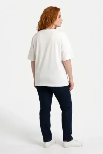 Büyük Beden Çiçek Aplikeli Taş ve İnci Detaylı Bisiklet Yaka T Shirt - 4