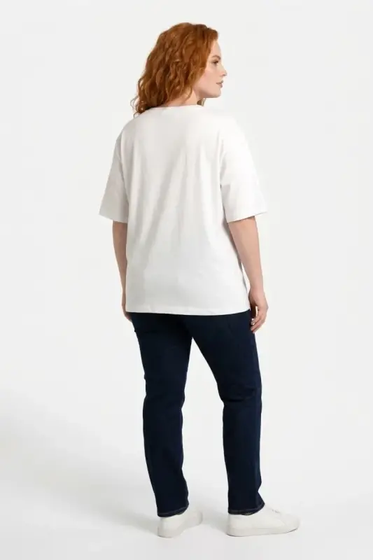 Büyük Beden Çiçek Aplikeli Taş ve İnci Detaylı Bisiklet Yaka T Shirt - 4