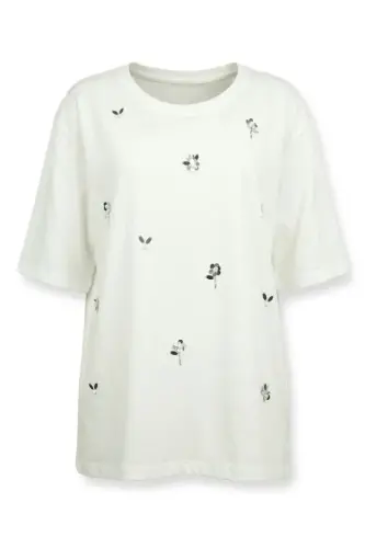 Büyük Beden Çiçek Aplikeli Taş ve İnci Detaylı Bisiklet Yaka T Shirt - 5