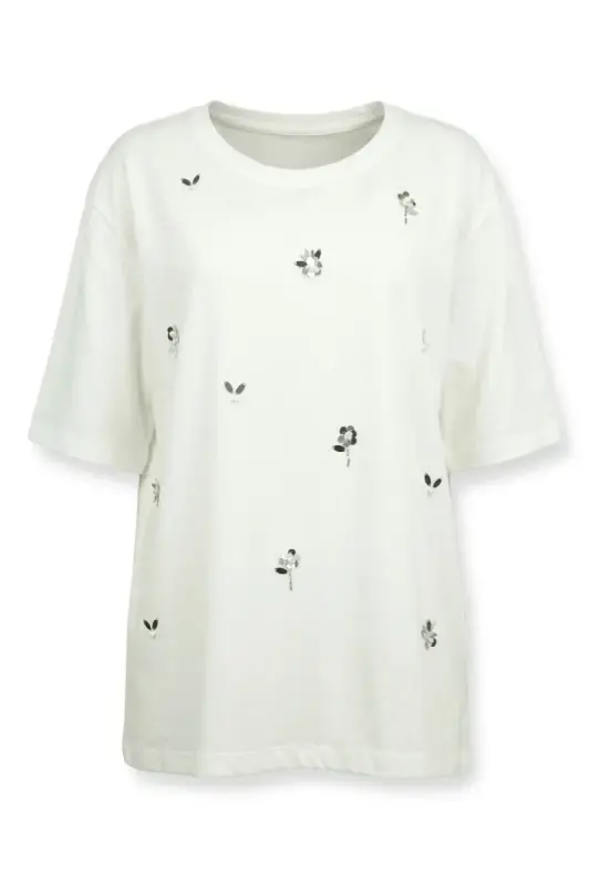 Büyük Beden Çiçek Aplikeli Taş ve İnci Detaylı Bisiklet Yaka T Shirt - 5