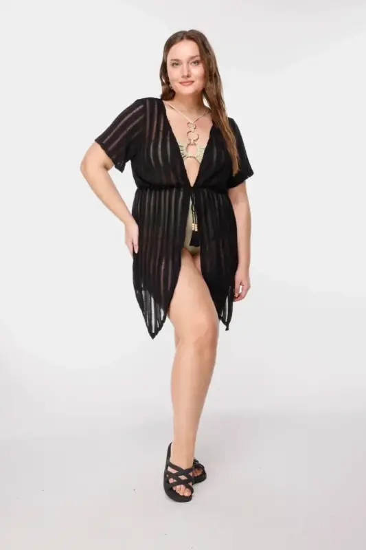 Büyük Beden Çizgi Detaylı Transparan Kimono - 1