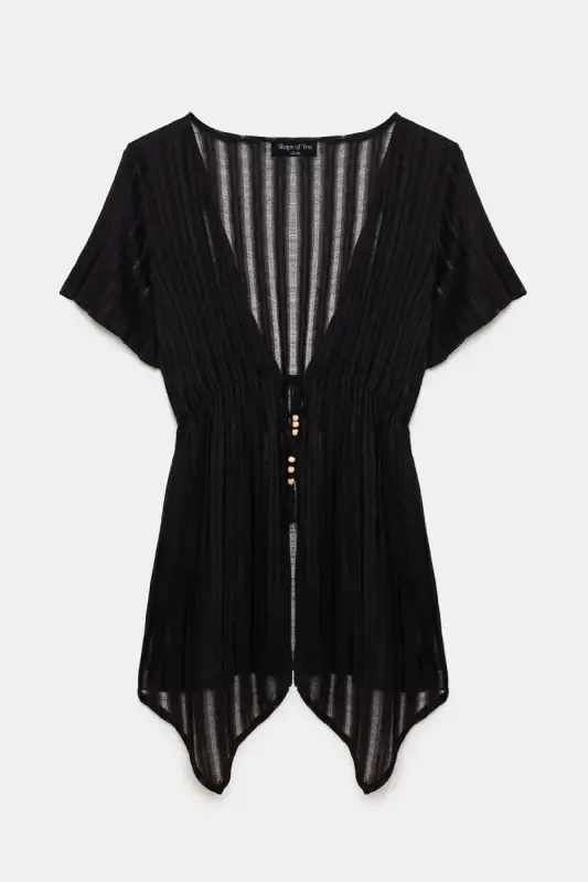 Büyük Beden Çizgi Detaylı Transparan Kimono - 3