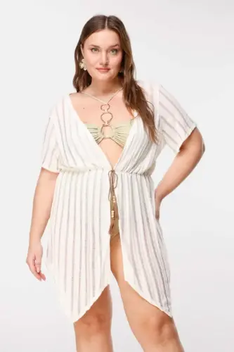 Büyük Beden Çizgi Detaylı Transparan Kimono - 1