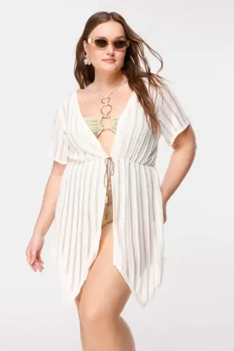 Büyük Beden Çizgi Detaylı Transparan Kimono - 3
