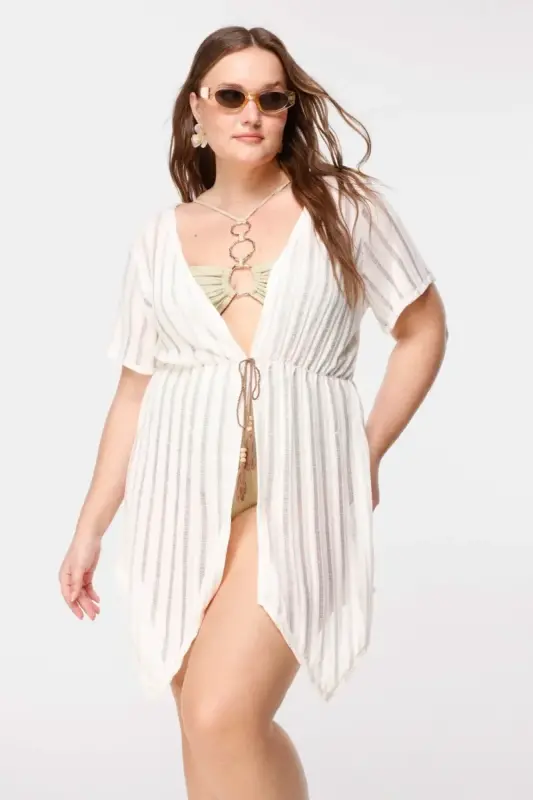 Büyük Beden Çizgi Detaylı Transparan Kimono - 3