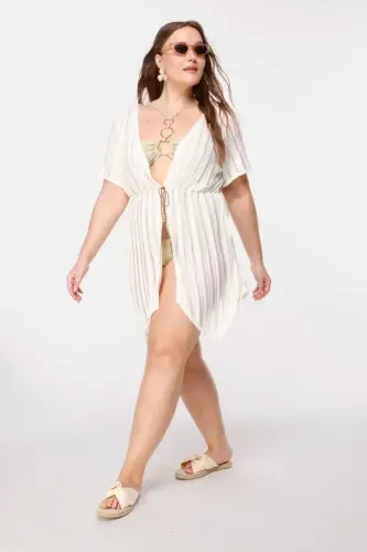 Büyük Beden Çizgi Detaylı Transparan Kimono - 4