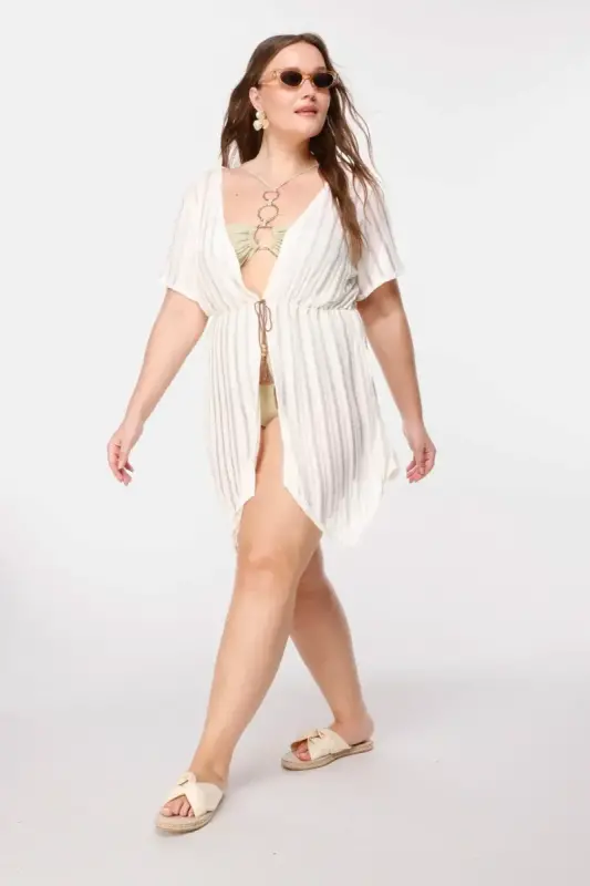 Büyük Beden Çizgi Detaylı Transparan Kimono - 4