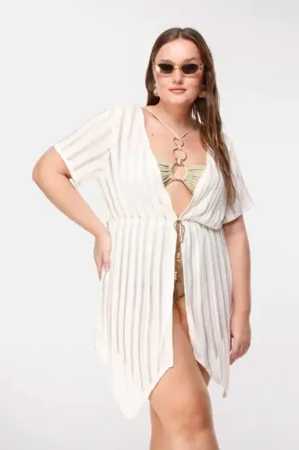 Büyük Beden Çizgi Detaylı Transparan Kimono - 5