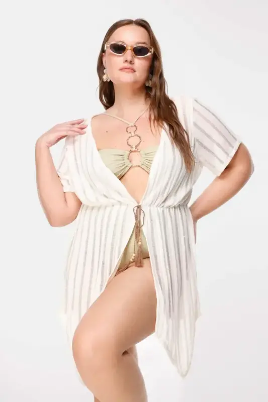 Büyük Beden Çizgi Detaylı Transparan Kimono - 6