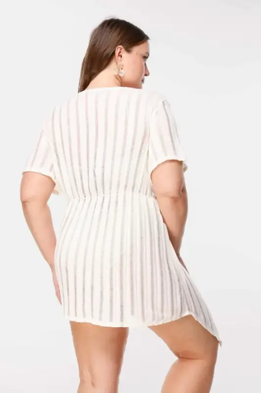 Büyük Beden Çizgi Detaylı Transparan Kimono - 7