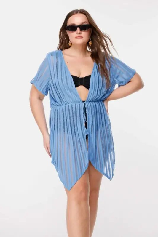 Büyük Beden Çizgi Detaylı Transparan Kimono - Büyükbedeniz